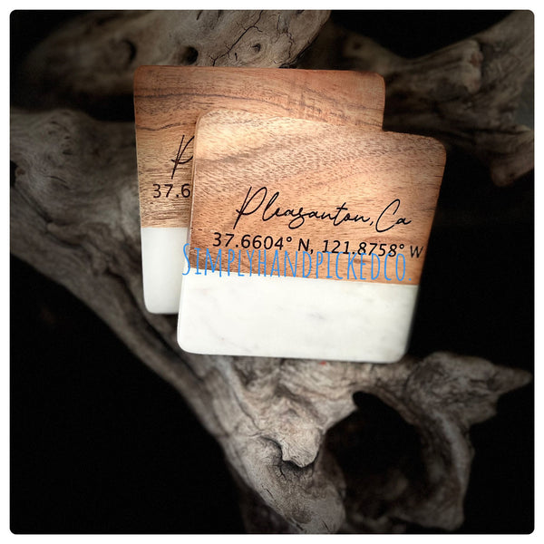 Wood and marble engraved coasters